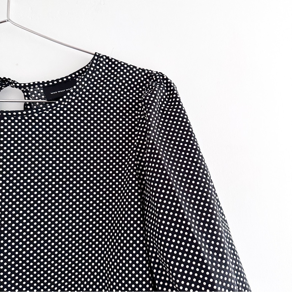 Who What Wear Black Polka Dot Blouse / 3/4 Sleeves & Back Tie Detail - Picture 5 of 8